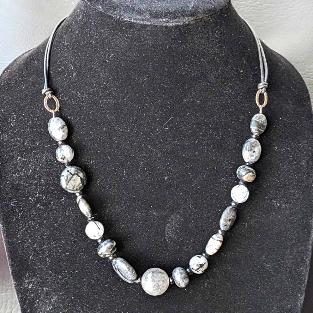 Peyote Bird Sterling Silver Natural Stones With Black Leather Boho Necklace